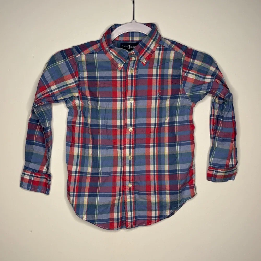Ralph Lauren Boys Red Blue White Plaid Shirt Size 5 Preppy Classic Americana Ivy